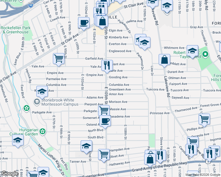 map of restaurants, bars, coffee shops, grocery stores, and more near 10509 Amor Avenue in Cleveland
