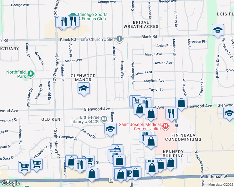 map of restaurants, bars, coffee shops, grocery stores, and more near 2456 Walsh Way in Joliet