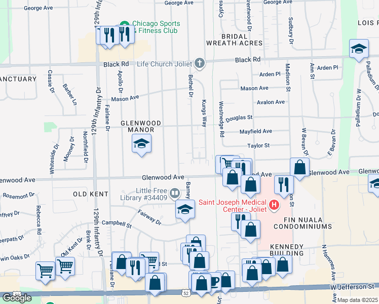 map of restaurants, bars, coffee shops, grocery stores, and more near 2456 Walsh Way in Joliet