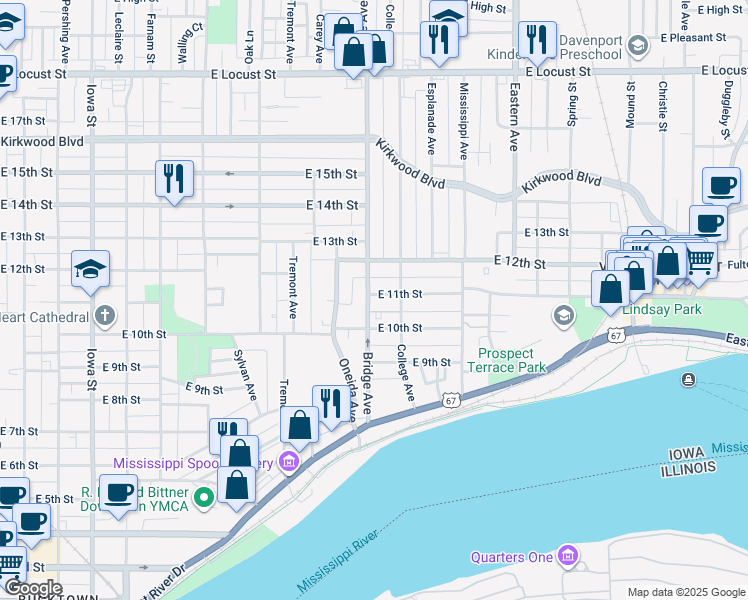 map of restaurants, bars, coffee shops, grocery stores, and more near 1002 Bridge Avenue in Davenport