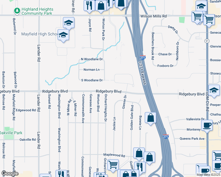 map of restaurants, bars, coffee shops, grocery stores, and more near 6280 Ridgebury Boulevard in Mayfield Heights