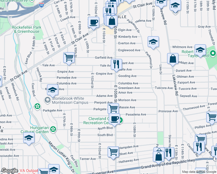 map of restaurants, bars, coffee shops, grocery stores, and more near 10406 Kempton Avenue in Cleveland