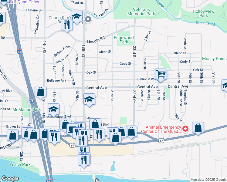 map of restaurants, bars, coffee shops, grocery stores, and more near 935 21st Street in Rock Island