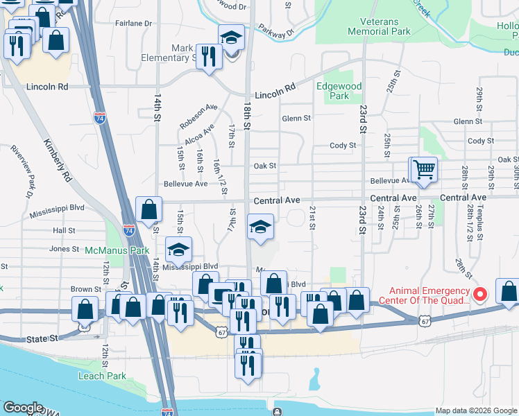 map of restaurants, bars, coffee shops, grocery stores, and more near 1808 Sunset Drive in Bettendorf