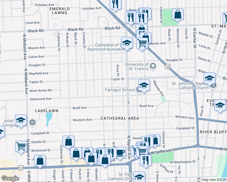 map of restaurants, bars, coffee shops, grocery stores, and more near 404 North Prairie Avenue in Joliet