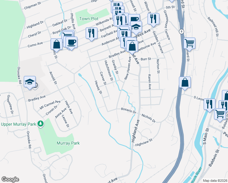 map of restaurants, bars, coffee shops, grocery stores, and more near 170 Hutchinson Street in Waterbury