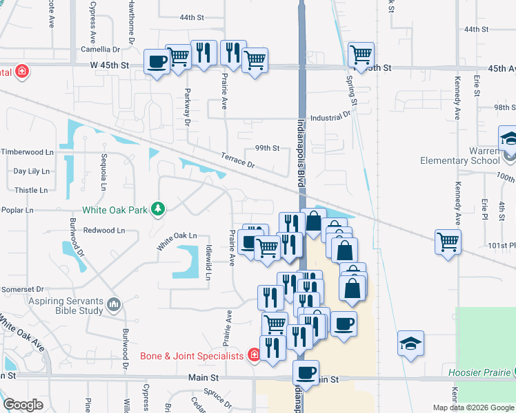 map of restaurants, bars, coffee shops, grocery stores, and more near 2241 Teakwood Circle in Highland