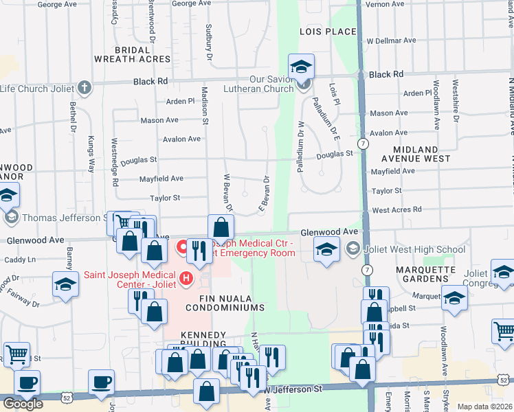 map of restaurants, bars, coffee shops, grocery stores, and more near 408 East Bevan Drive in Joliet