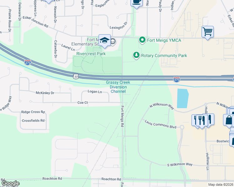 map of restaurants, bars, coffee shops, grocery stores, and more near 1935 Coe Court in Perrysburg