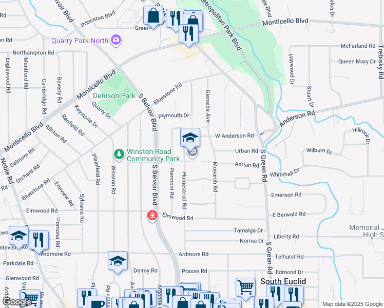 map of restaurants, bars, coffee shops, grocery stores, and more near 1071 Homestead Road in South Euclid