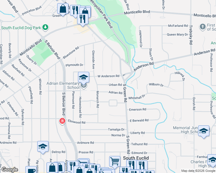 map of restaurants, bars, coffee shops, grocery stores, and more near 4393 Adrian Road in South Euclid