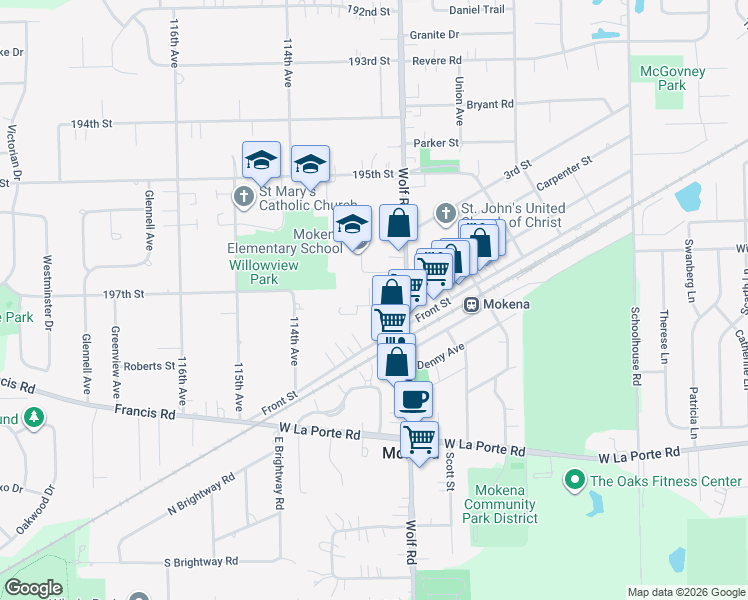 map of restaurants, bars, coffee shops, grocery stores, and more near 11209 1st Street in Mokena