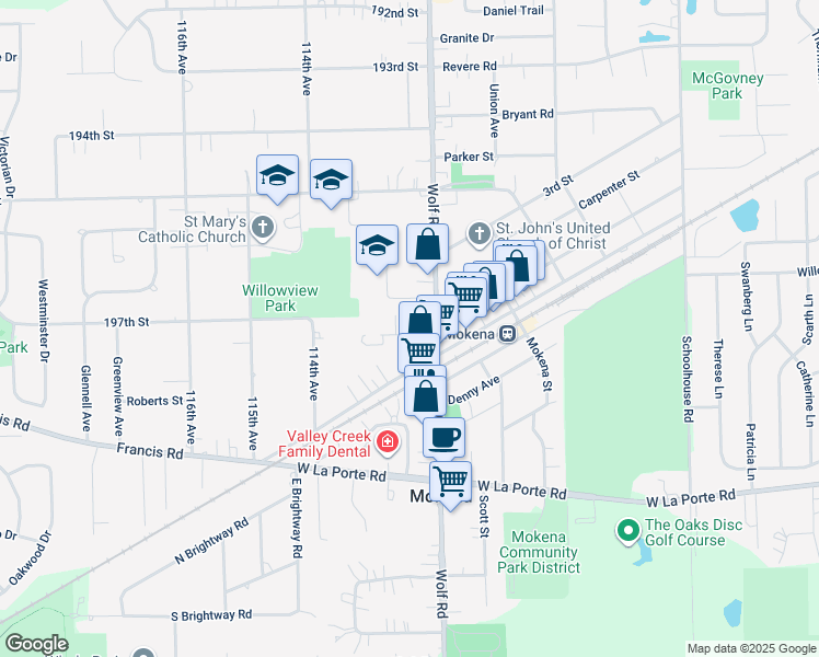 map of restaurants, bars, coffee shops, grocery stores, and more near 11208 1st Street in Mokena