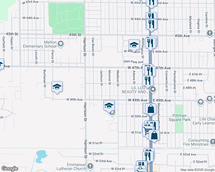 map of restaurants, bars, coffee shops, grocery stores, and more near 4841 Monroe Street in Gary