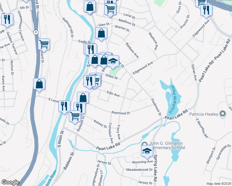 map of restaurants, bars, coffee shops, grocery stores, and more near 69 Charlevoux Street in Waterbury
