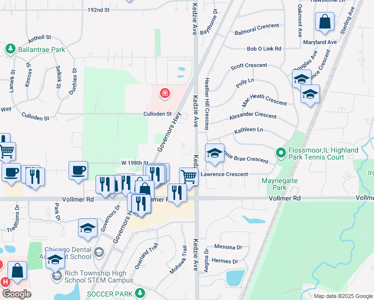 map of restaurants, bars, coffee shops, grocery stores, and more near 19715 Governors Highway in Flossmoor