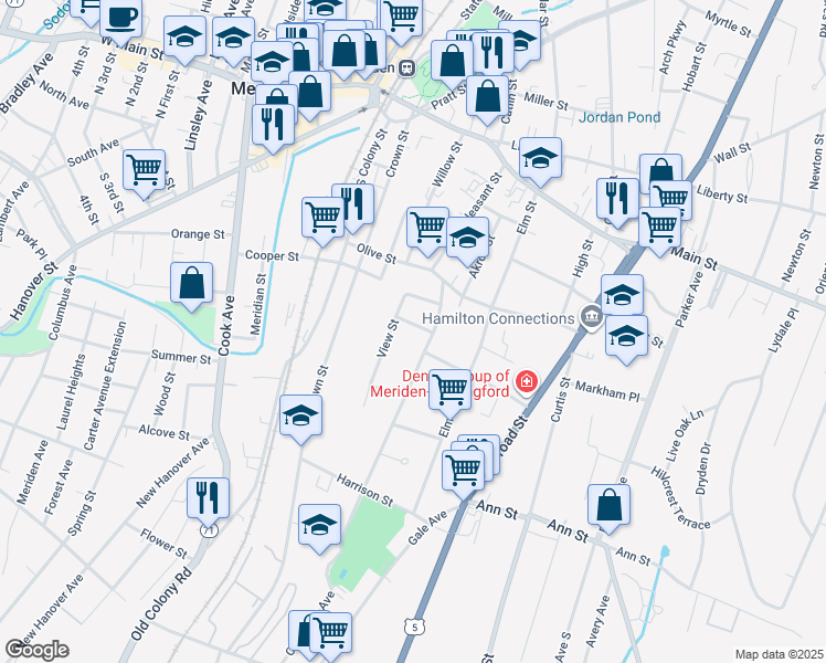 map of restaurants, bars, coffee shops, grocery stores, and more near 77 Oak Street in Meriden