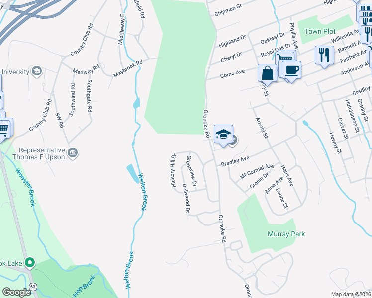 map of restaurants, bars, coffee shops, grocery stores, and more near 29 Hickory Hill Drive in Waterbury