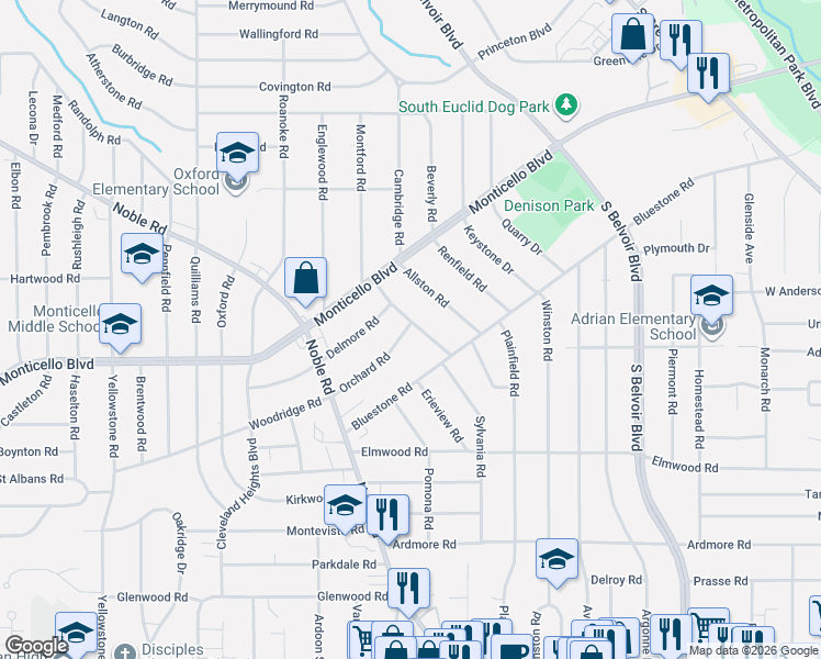 map of restaurants, bars, coffee shops, grocery stores, and more near 3978 Orchard Road in Cleveland Heights