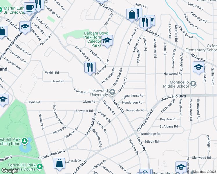 map of restaurants, bars, coffee shops, grocery stores, and more near 3739 Northvale Boulevard in Cleveland Heights