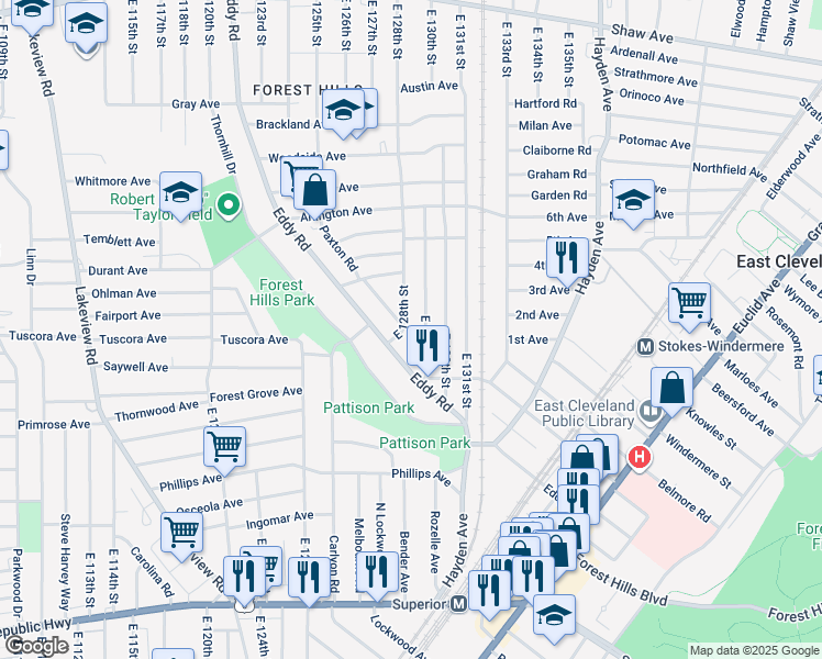 map of restaurants, bars, coffee shops, grocery stores, and more near 1107 Eddy Road in Cleveland