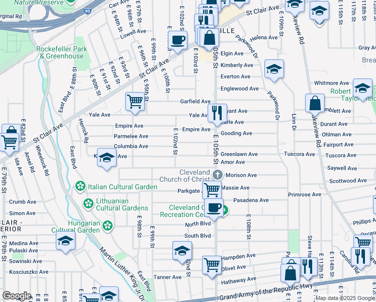 map of restaurants, bars, coffee shops, grocery stores, and more near 10226 Kempton Avenue in Cleveland