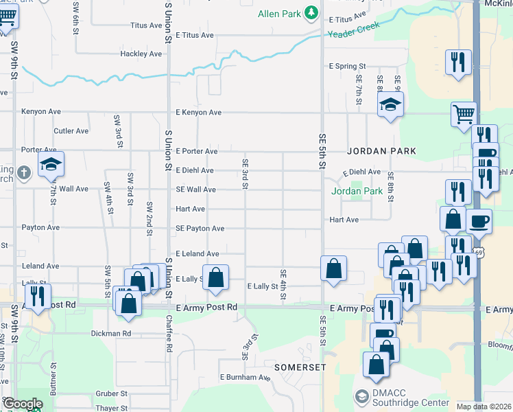 map of restaurants, bars, coffee shops, grocery stores, and more near 314 Southeast Payton Avenue in Des Moines