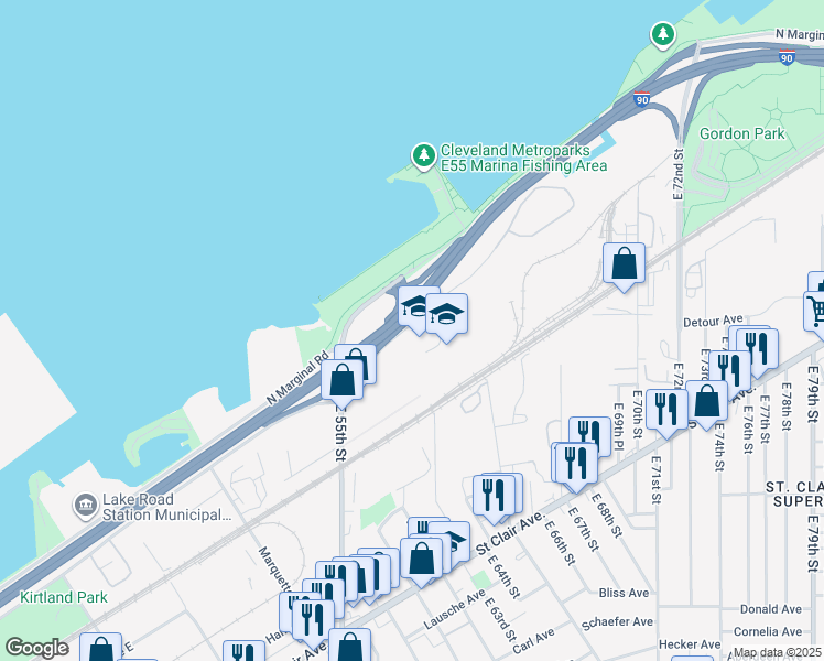 map of restaurants, bars, coffee shops, grocery stores, and more near 6150 South Marginal Road in Cleveland
