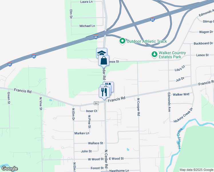 map of restaurants, bars, coffee shops, grocery stores, and more near 1334 North Cedar Road in New Lenox