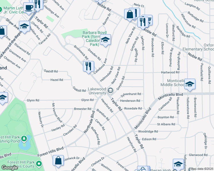 map of restaurants, bars, coffee shops, grocery stores, and more near 3739 Northvale Boulevard in Cleveland Heights