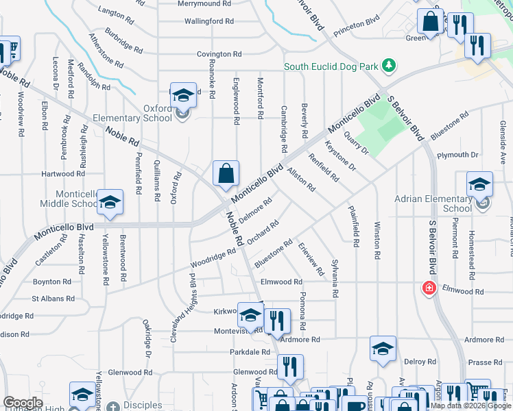 map of restaurants, bars, coffee shops, grocery stores, and more near 3942 Delmore Road in Cleveland Heights