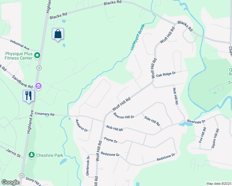 map of restaurants, bars, coffee shops, grocery stores, and more near 25 Wolf Hill Court in Cheshire