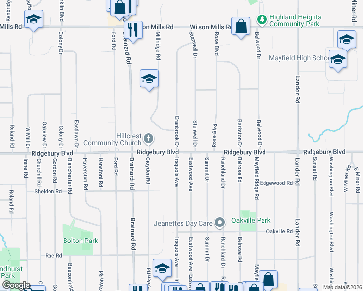 map of restaurants, bars, coffee shops, grocery stores, and more near 1100 Iroquois Avenue in Mayfield Heights