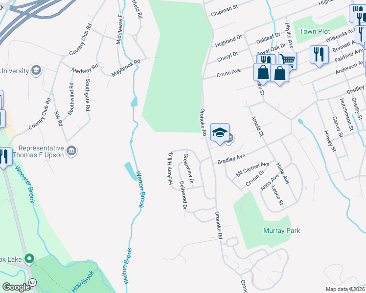 map of restaurants, bars, coffee shops, grocery stores, and more near 29 Hickory Hill Drive in Waterbury