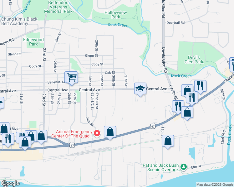 map of restaurants, bars, coffee shops, grocery stores, and more near 902 30th Street in Bettendorf