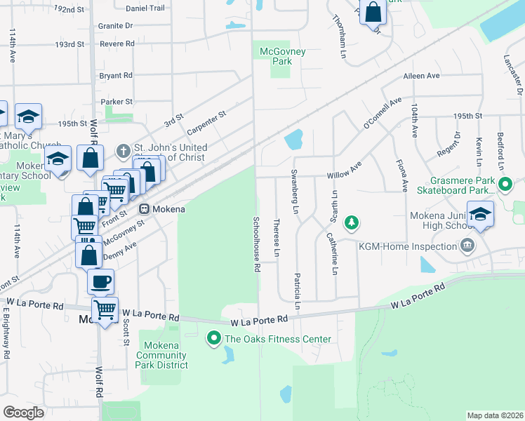 map of restaurants, bars, coffee shops, grocery stores, and more near 19731 South Schoolhouse Road in Mokena