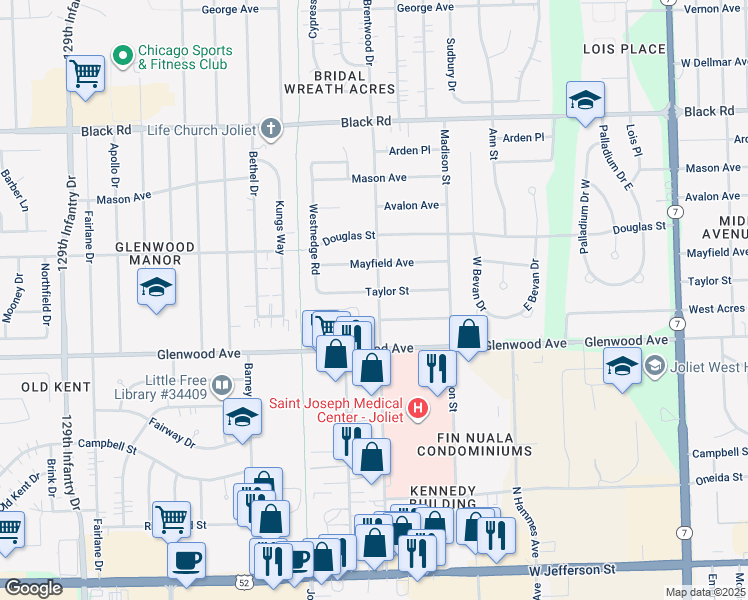 map of restaurants, bars, coffee shops, grocery stores, and more near 411 Springfield Avenue in Joliet