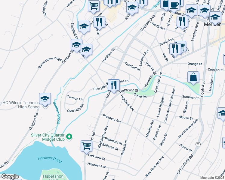 map of restaurants, bars, coffee shops, grocery stores, and more near 410 Bradley Avenue in Meriden