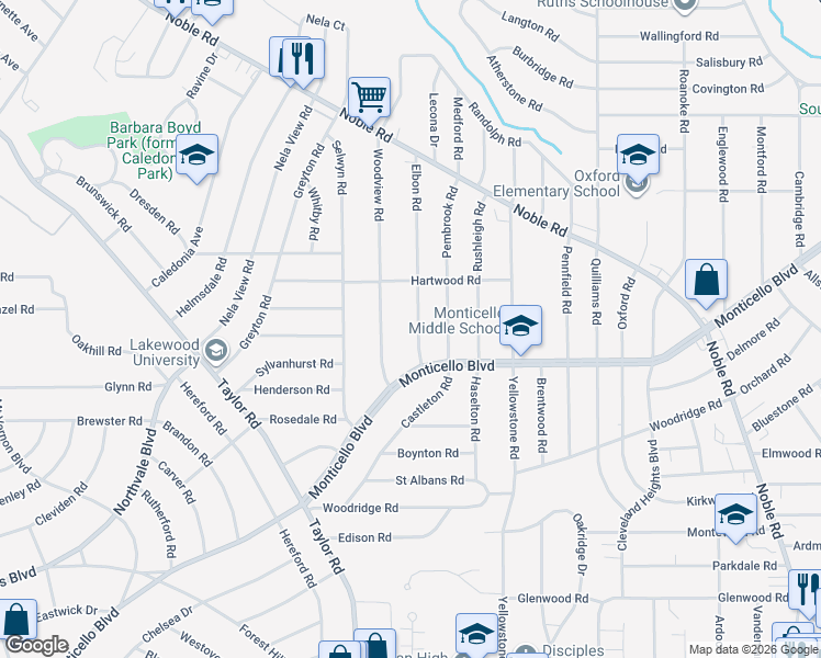 map of restaurants, bars, coffee shops, grocery stores, and more near 1092 Elbon Road in Cleveland Heights