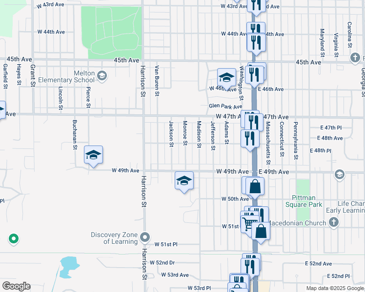 map of restaurants, bars, coffee shops, grocery stores, and more near 4841 Monroe Street in Gary