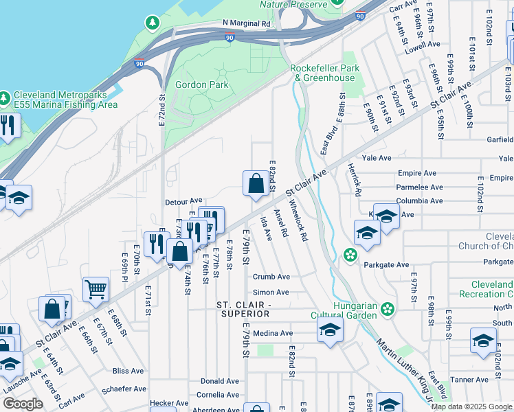 map of restaurants, bars, coffee shops, grocery stores, and more near 7916 Saint Clair Avenue in Cleveland