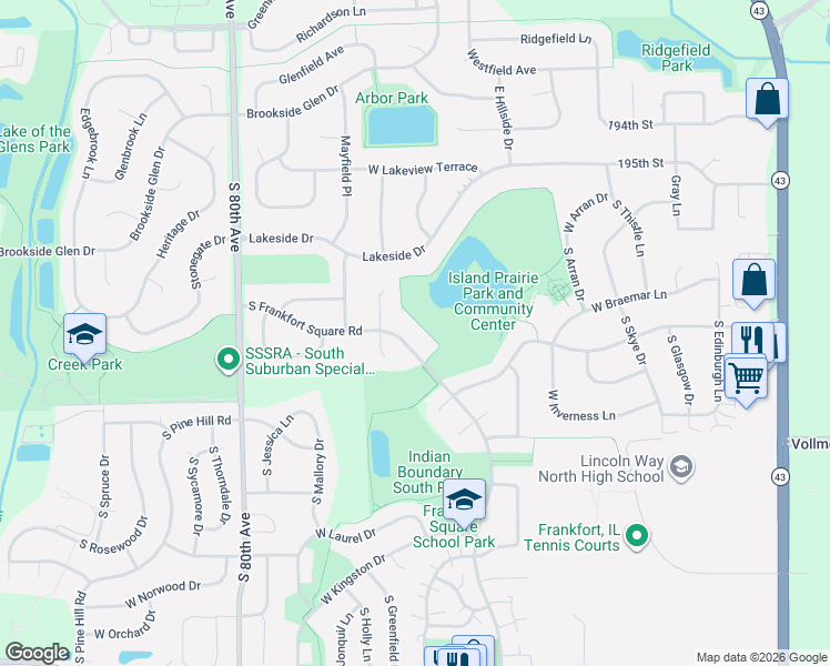 map of restaurants, bars, coffee shops, grocery stores, and more near 7704 West Frankfort Square Road in Frankfort