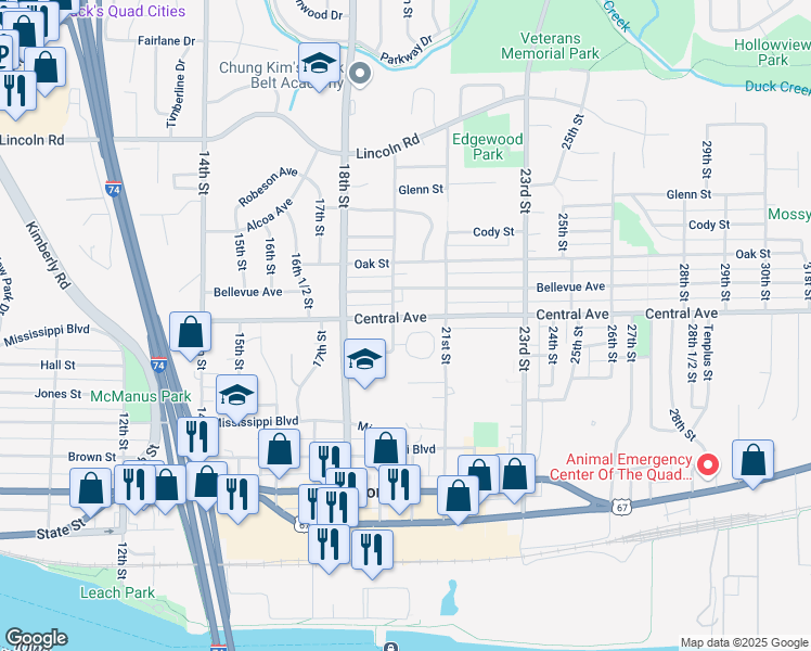 map of restaurants, bars, coffee shops, grocery stores, and more near 910 19th St in Bettendorf