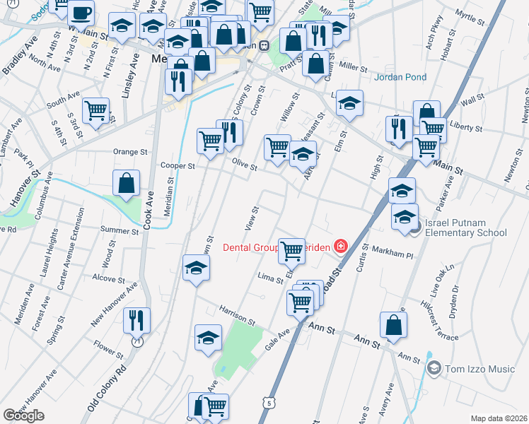 map of restaurants, bars, coffee shops, grocery stores, and more near 77 Oak Street in Meriden