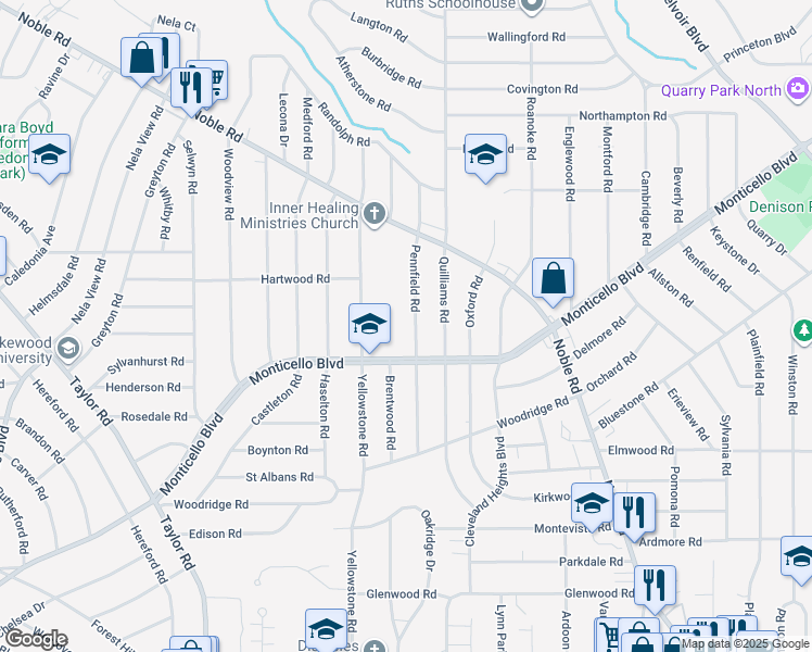 map of restaurants, bars, coffee shops, grocery stores, and more near 3701 Monticello Boulevard in Cleveland Heights