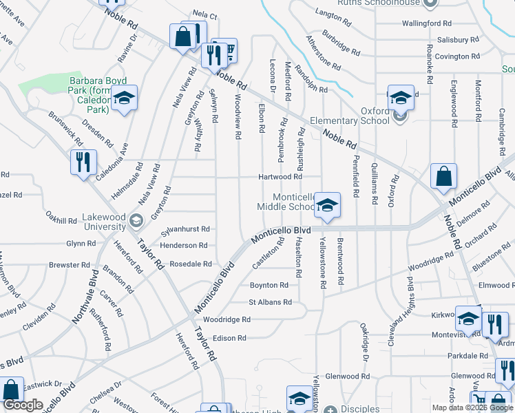map of restaurants, bars, coffee shops, grocery stores, and more near 1092 Elbon Road in Cleveland Heights