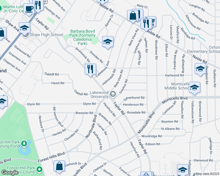 map of restaurants, bars, coffee shops, grocery stores, and more near 1092 Greyton Road in Cleveland Heights