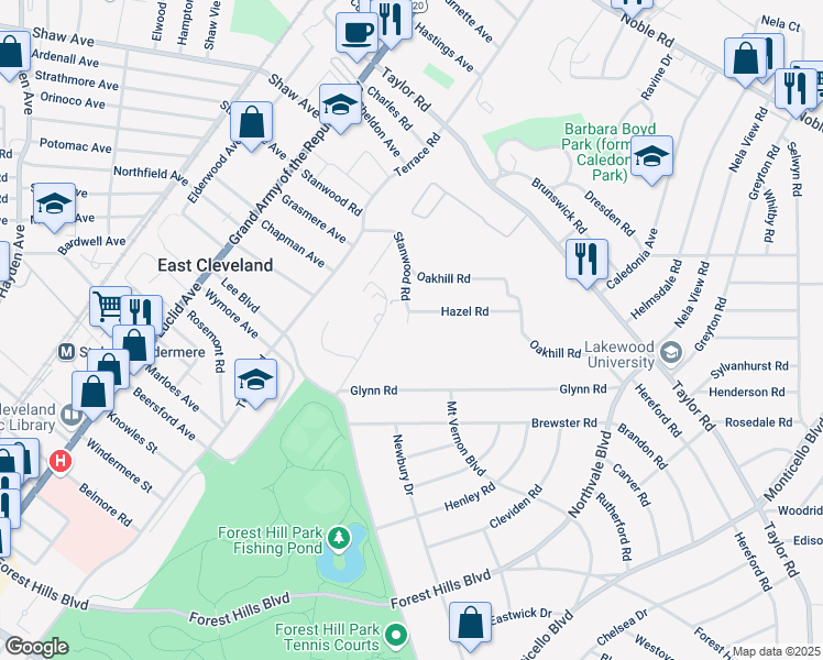map of restaurants, bars, coffee shops, grocery stores, and more near 2004 Stanwood Road in East Cleveland