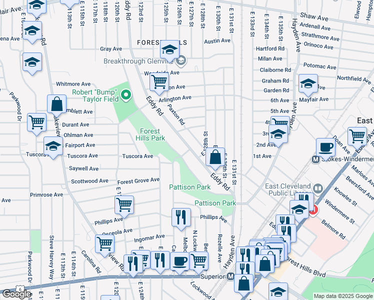 map of restaurants, bars, coffee shops, grocery stores, and more near 1025 Thornhill Drive in Cleveland