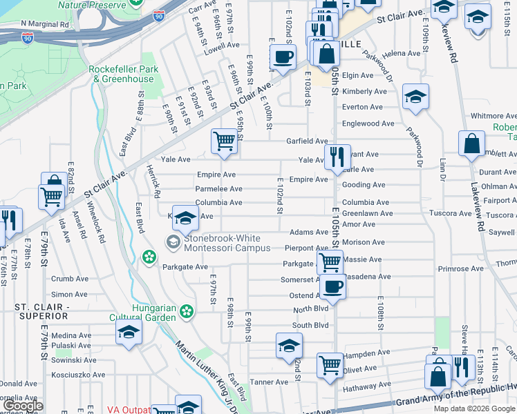 map of restaurants, bars, coffee shops, grocery stores, and more near 9704 Kempton Avenue in Cleveland
